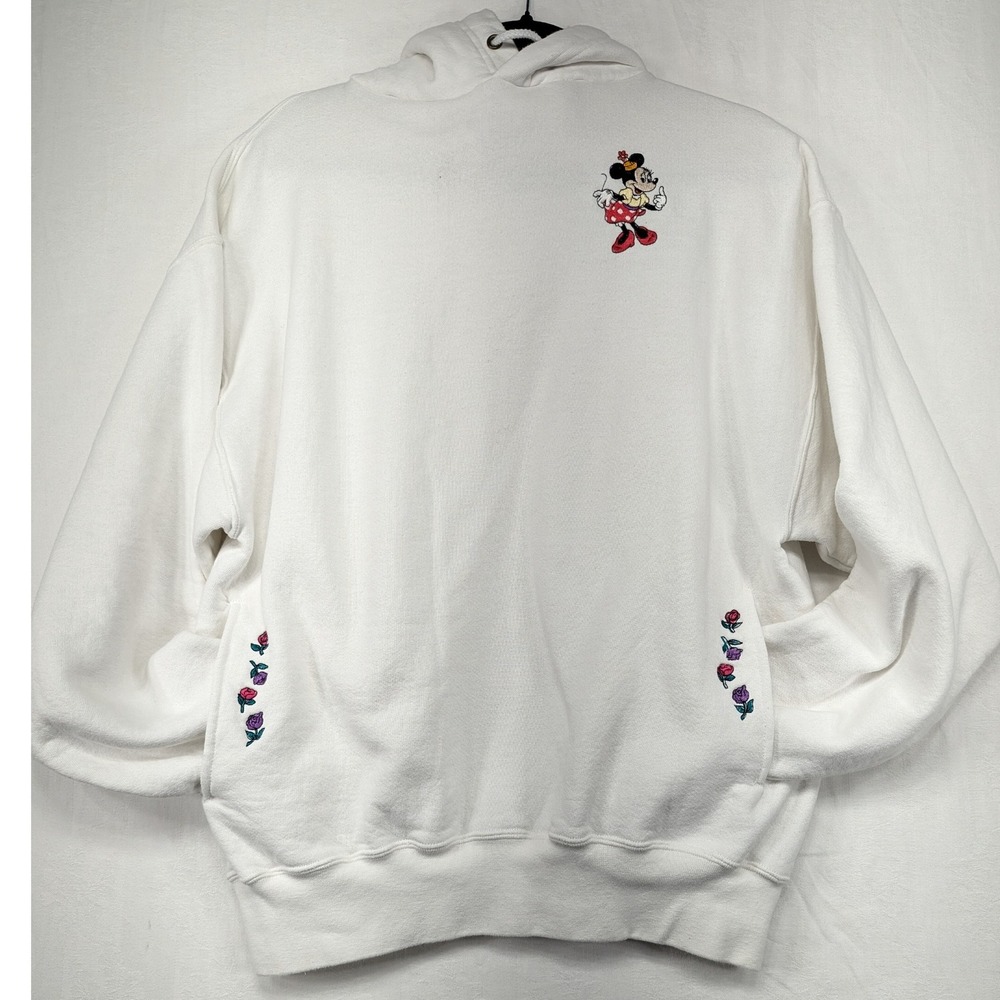 Vintage Jerzees Minnie Mouse Embroidered‎ Hoodie White Cotton Large Disney